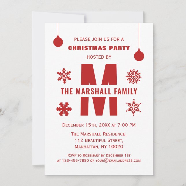 Invitation Red Monogram Fête Joyeux Noël Balls (Devant)