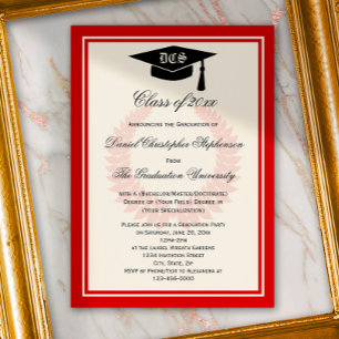 Invitation Red Monogram Laurel Classic College Graduation