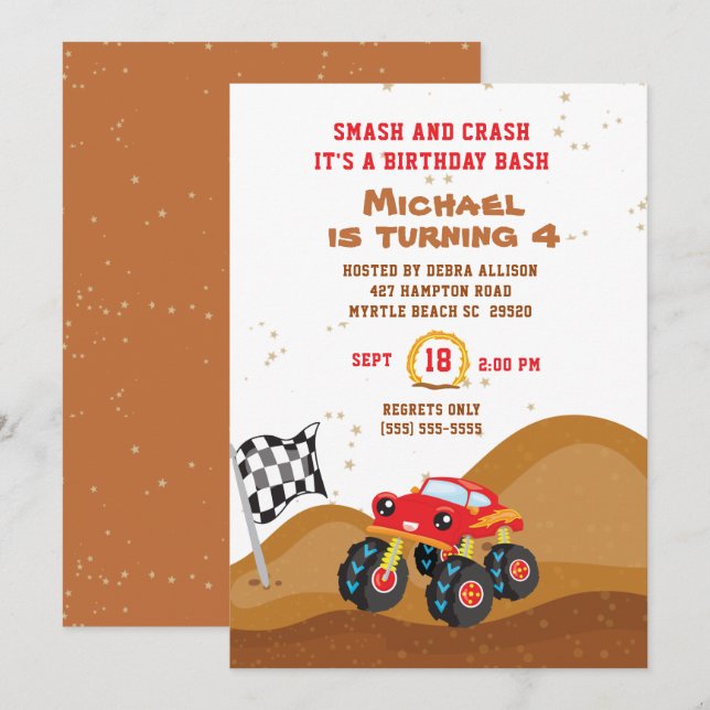Invitation Red Monster Truck 4th Birthday Racing (Devant / Derrière)