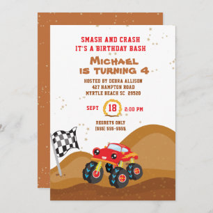 Invitation Red Monster Truck 4th Birthday Racing