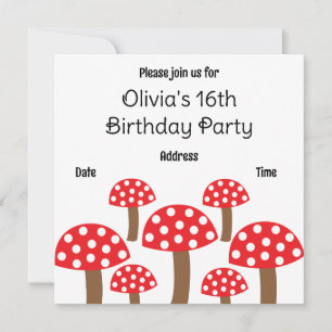 Invitation Red Mushroom mignon Motif botanique fête d'anniver