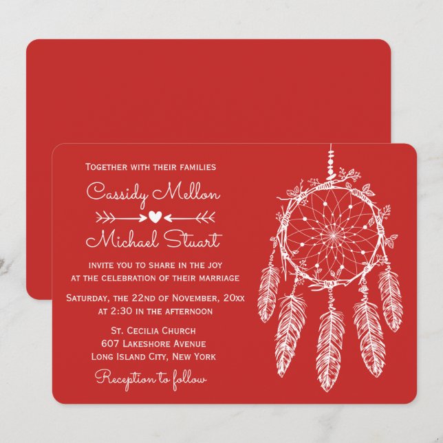 Invitation Red Native American Dream Catcher Boho Mariage (Devant / Derrière)
