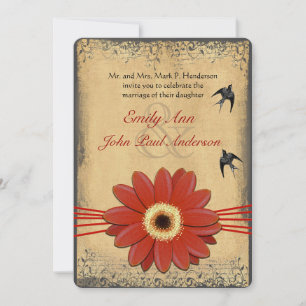 Invitation Red Orange Gerber Daisy Vintage Birds Mariage