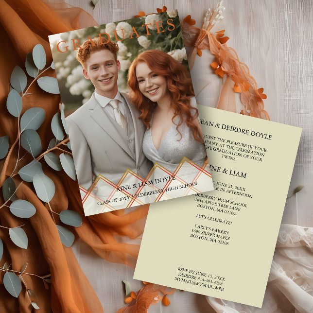Invitation Red Orange Overlay Transparency Shapes Photo Grads (Red Orange Shades Overlay Transparency Shapes Photo Two Graduates Invitation.)