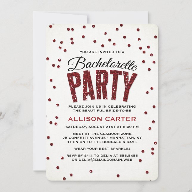 Invitation Red Parties scintillant Look Confetti Bachelorette (Devant)