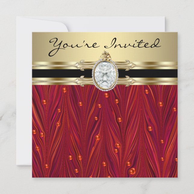 Invitation Red Pearl Black Gold Womans fête d'anniversaire (Devant)