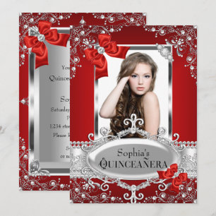 Invitation Red Pearl & Silk Bow Glamor Quinceanera