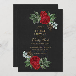 Invitation Red Peonies Aquarelle Black Gold Fête des mariées