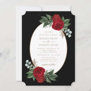 Invitation Red Peonies Élégant Mariage noir & or