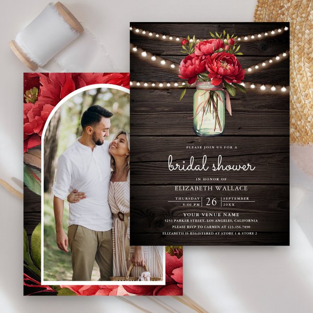 Invitation Red Peony Floral Mason Jar Barn Fête des mariées e (Créateur téléchargé)