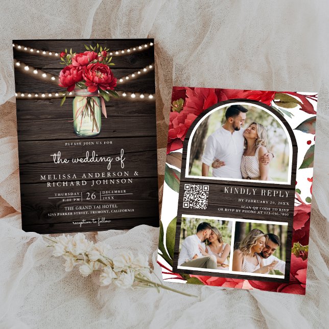 Invitation Red Peony Floral Mason Jar QR Code Mariage en bois (Créateur téléchargé)