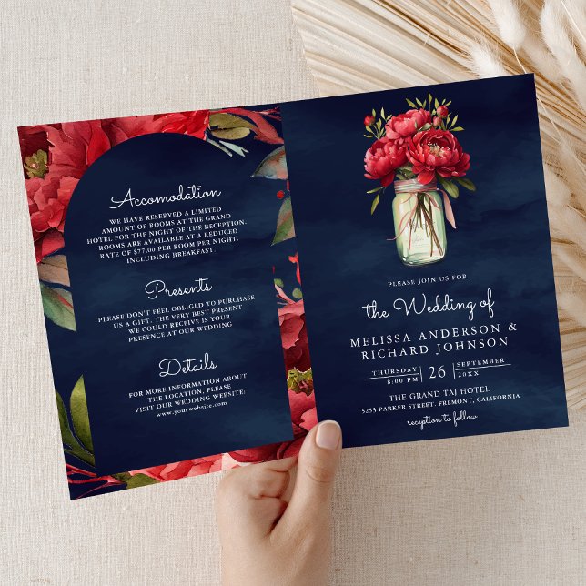 Invitation Red Peony Floral Mason Jar QR Code Navy Wedding (Créateur téléchargé)