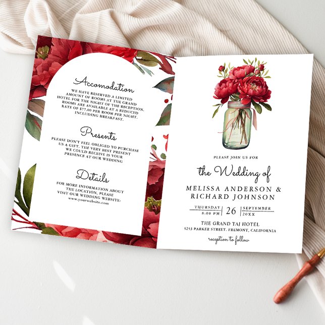 Invitation Red Peony Floral Mason Jar QR Code Wedding (Créateur téléchargé)
