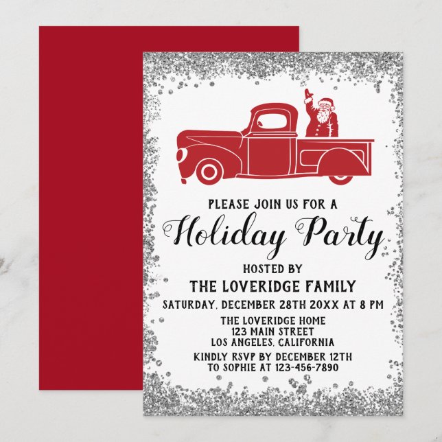 Invitation Red Père Noël Truck Noël Fête Silver (Devant / Derrière)
