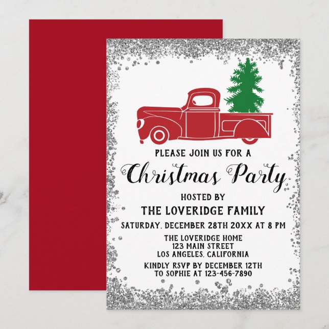 Invitation Red Père Noël Xmas Tree Fête de Noël Argent (Devant / Derrière)