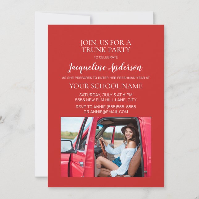 Invitation Red Photo College Trunk Party Dorm Show (Devant)