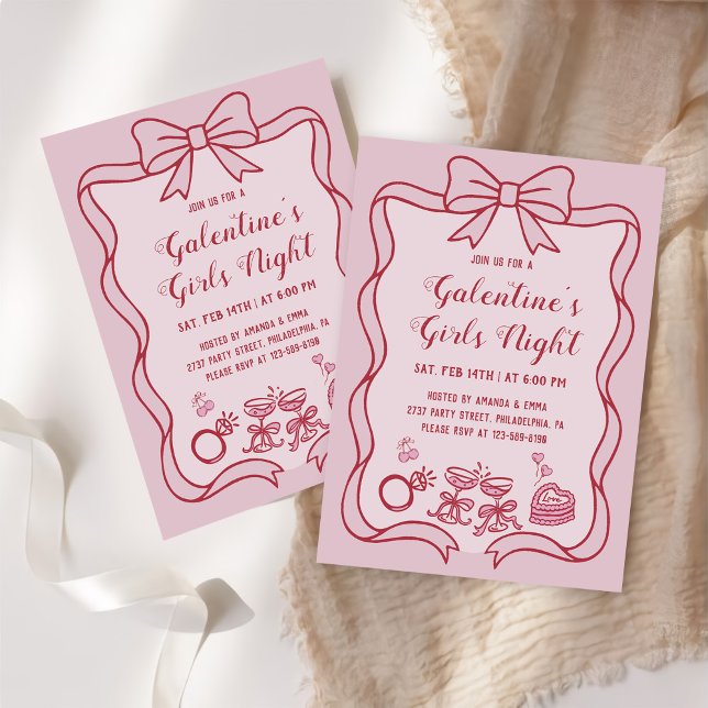 Invitation Red Pink Bow Galentine's Girls Night Party (Créateur téléchargé)