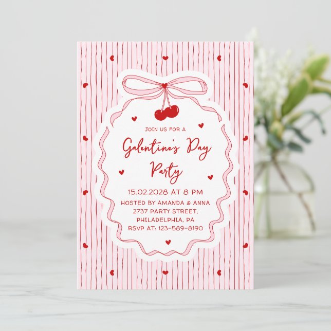 Invitation Red Pink Coquette Cherry Bow Galentine's Day Party (Debout devant)