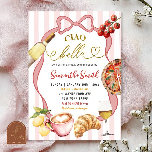 Invitation Red Pink Coquette Stripes Italy Ciao Bella Bridal (Créateur téléchargé)