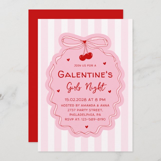Invitation Red Pink Girly Coquette Bow Galentines Girls Night (Devant / Derrière)