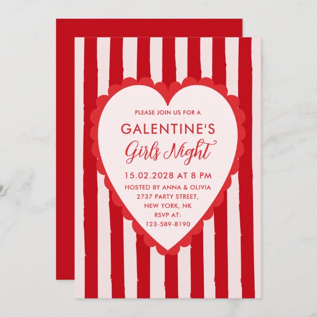 Invitation Red Pink Hand Drawn Galentine's Girls Night Party (Devant / Derrière)