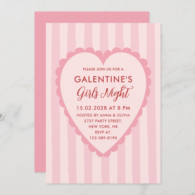 Invitation Red Pink Hand Drawn Galentine's Girls Night  Party (Devant / Derrière)