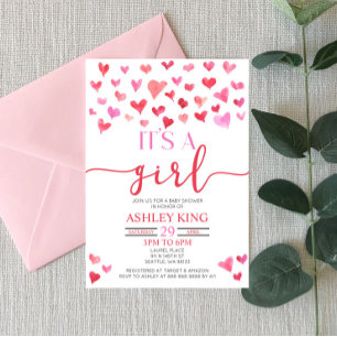 Invitation Red Pink Hearts C'est une fille Baby shower Invita