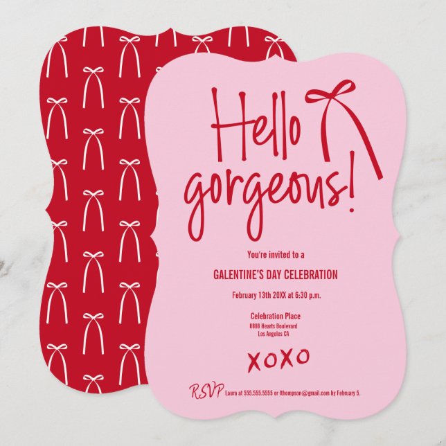 Invitation Red Pink Hello Gorgeous bow doodle Galentine’s (Devant / Derrière)