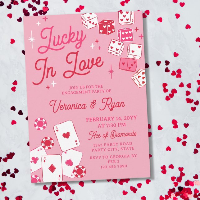Invitation Red Pink Lucky In Love Dice Cards Engagement Party (Créateur téléchargé)