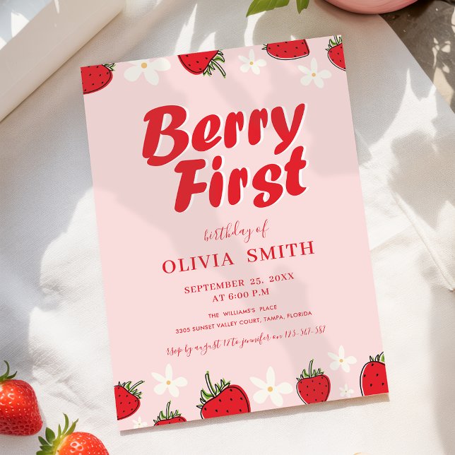 Invitation Red Pink Strawberry Berry First Birthday (Créateur téléchargé)