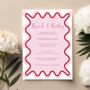 Invitation Red Pink Wavy Bordure Brunch et Bubbly