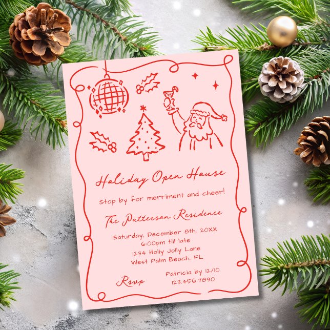Invitation Red & Pink Whimsical Doodle Christmas Open House (Créateur téléchargé)
