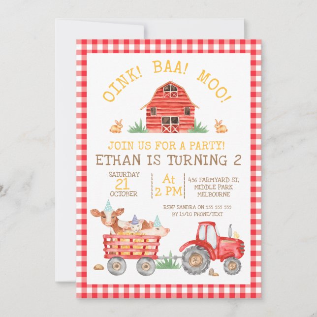 Invitation Red Plaid Farm Animaux Tracteur Anniversaire Invit (Devant)