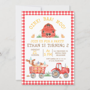 Invitation Red Plaid Farm Animaux Tracteur Anniversaire Invit