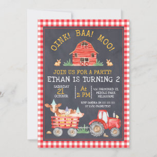 Invitation Red Plaid Farm Tractor Chalkboard Anniversaire