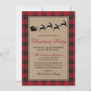 Invitation Red Plaid Reinder Noël Party Kraft