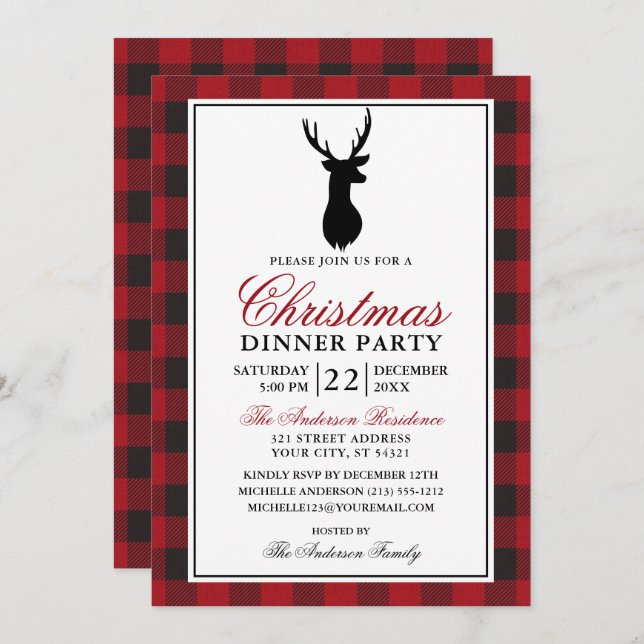 Invitation Red Plaid Russe Noël Diner Party (Devant / Derrière)
