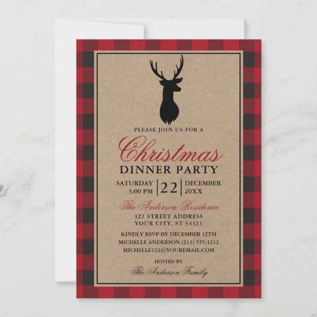 Invitation Red Plaid Russe Noël Diner Party Kraft (Devant)