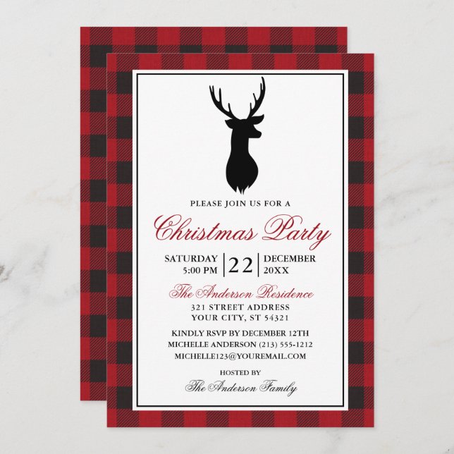 Invitation Red Plaid Russe Noël Party (Devant / Derrière)