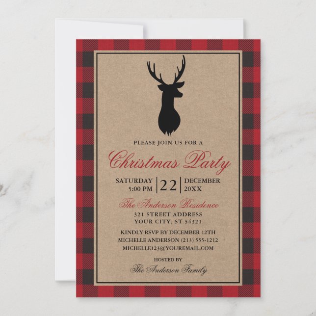 Invitation Red Plaid Russe Noël Party Kraft (Devant)