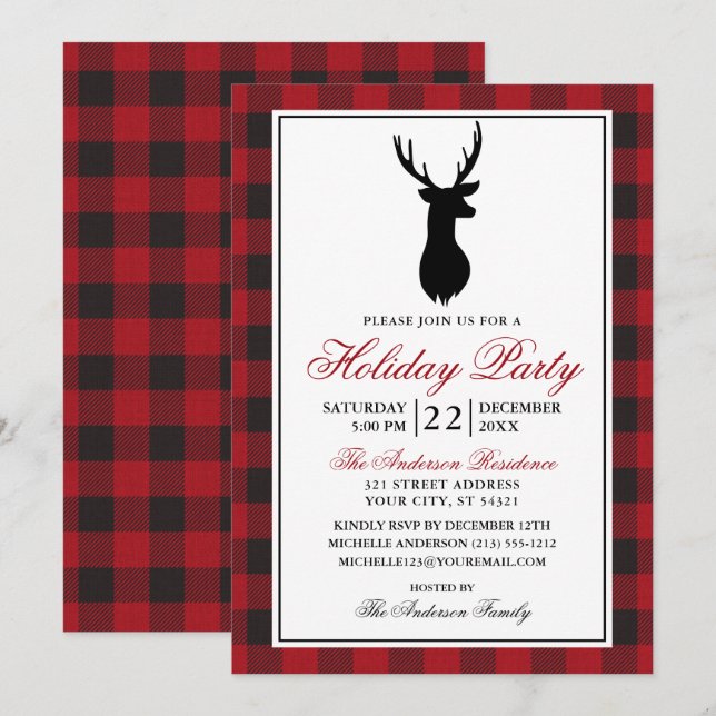 Invitation Red Plaid Rustic Fête (Devant / Derrière)