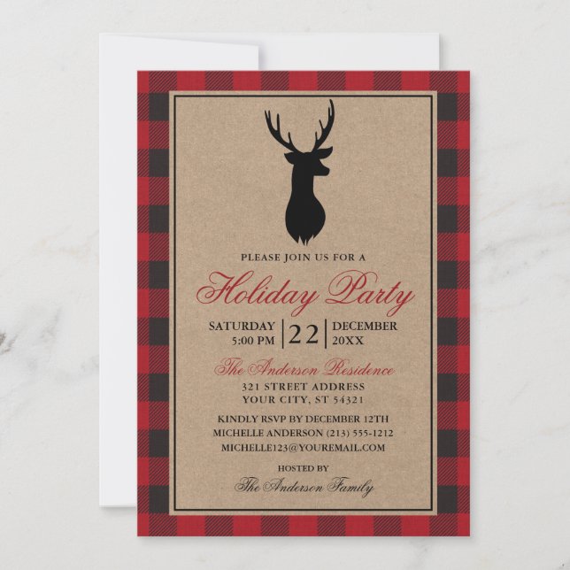 Invitation Red Plaid Rustique Fête Kraft (Devant)