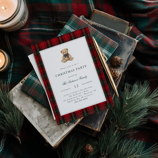 Invitation Red Plaid Teddy Bear Christmas Party (Créateur téléchargé)
