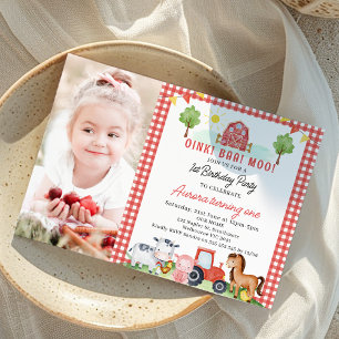 Invitation Red Plaid Tracteur Animaux de ferme Anniversaire