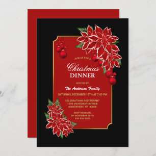 Invitation Red Poinsettia Black Border Dîner de Noël