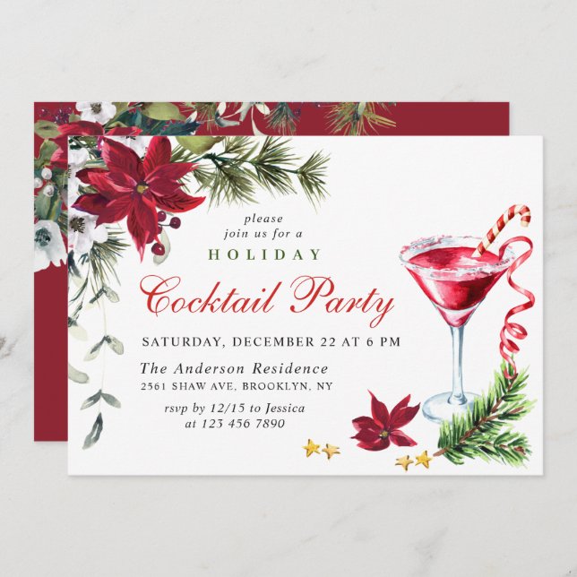 Invitation Red Poinsettia Fête Cocktail de Noël (Devant / Derrière)