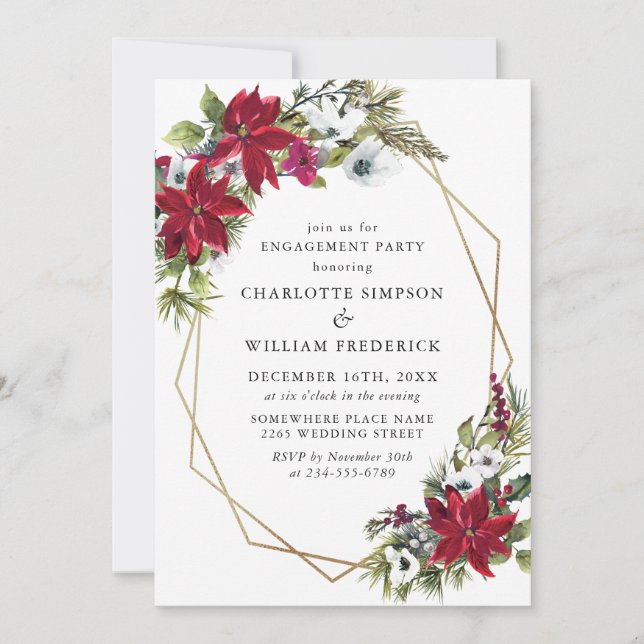 Invitation Red Poinsettia Floral Christmas Engagement Party (Devant)
