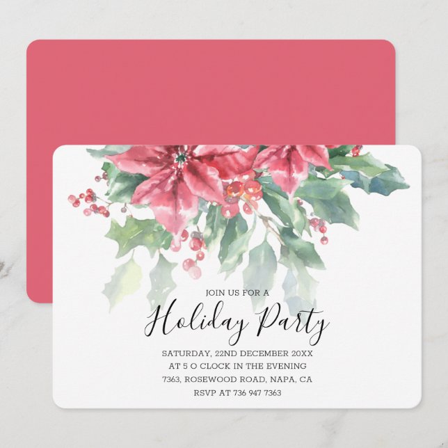 Invitation Red Poinsettia Floral Greenery Chic Holiday Party (Devant / Derrière)