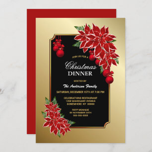 Invitation Red Poinsettia Gold Bordure Dîner de Noël