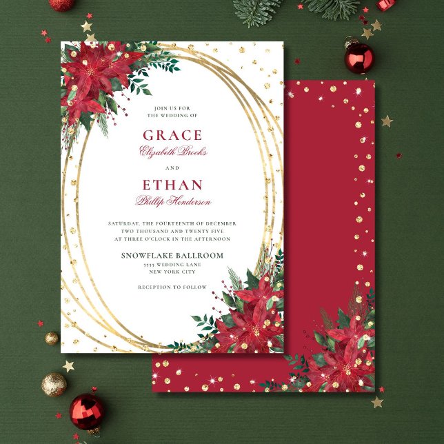 Invitation Red Poinsettia Gold Parties scintillant Mariage de (Créateur téléchargé)
